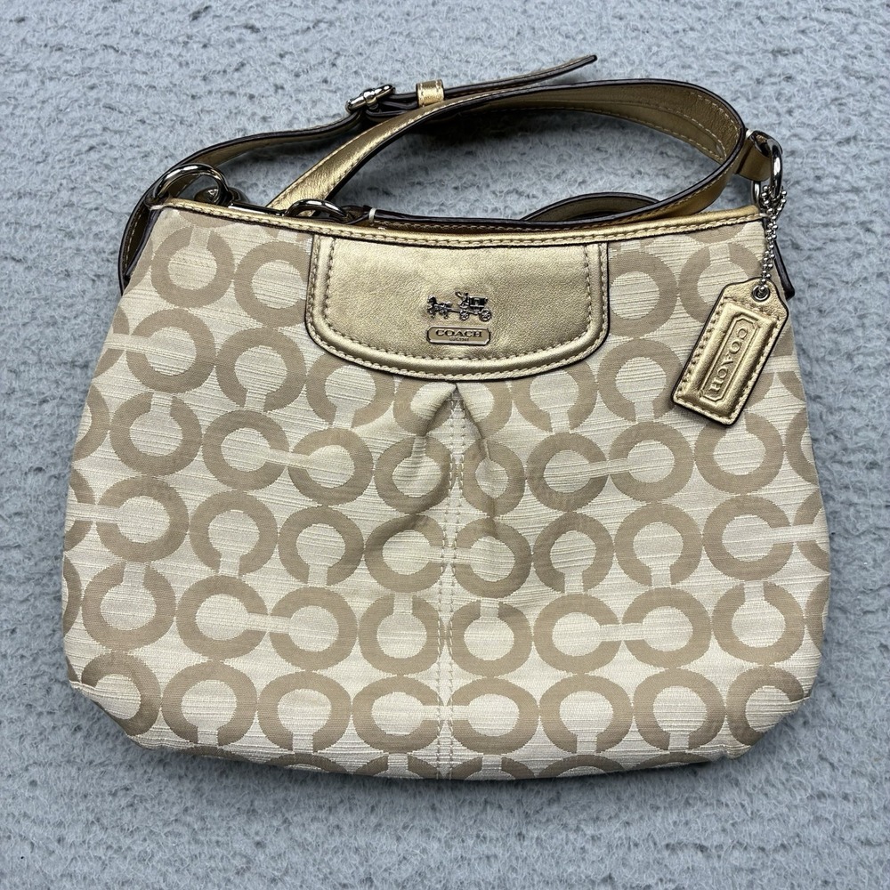 Coach Signature Crossbody Bag Light Khaki Jacquard Gold Leather Convertible Hobo